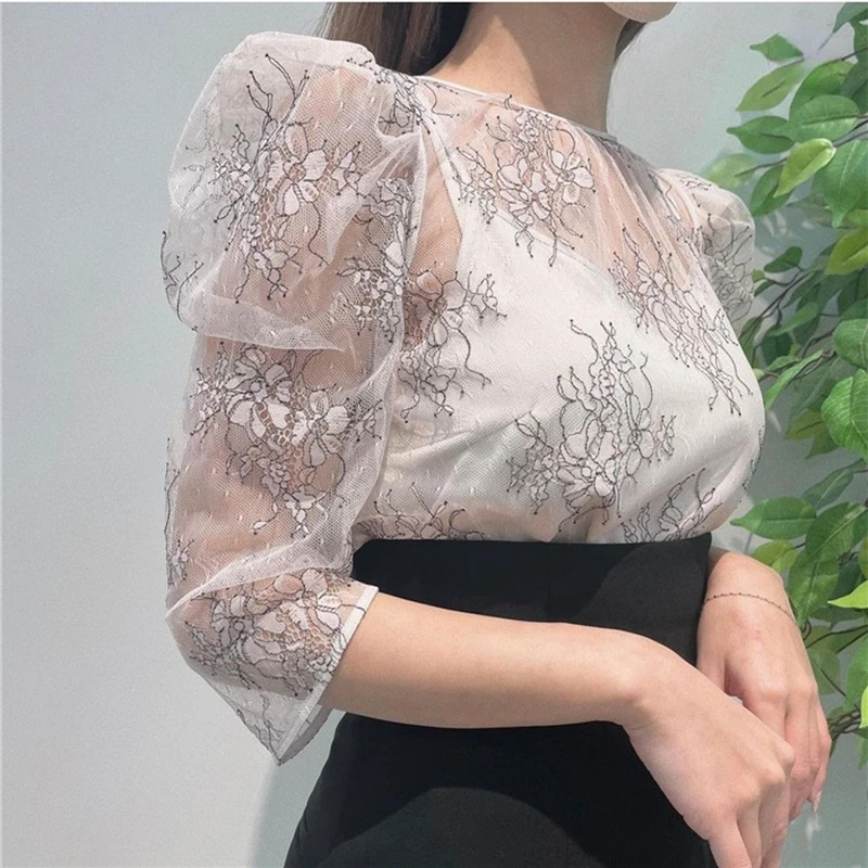 Blusas ahuecadas de encaje para mujer, Blusas sexys con cuello redondo y espalda descubierta, Blusas elegantes femeninas con mangas abullonadas para mujer otoño 2023| | - AliExpress