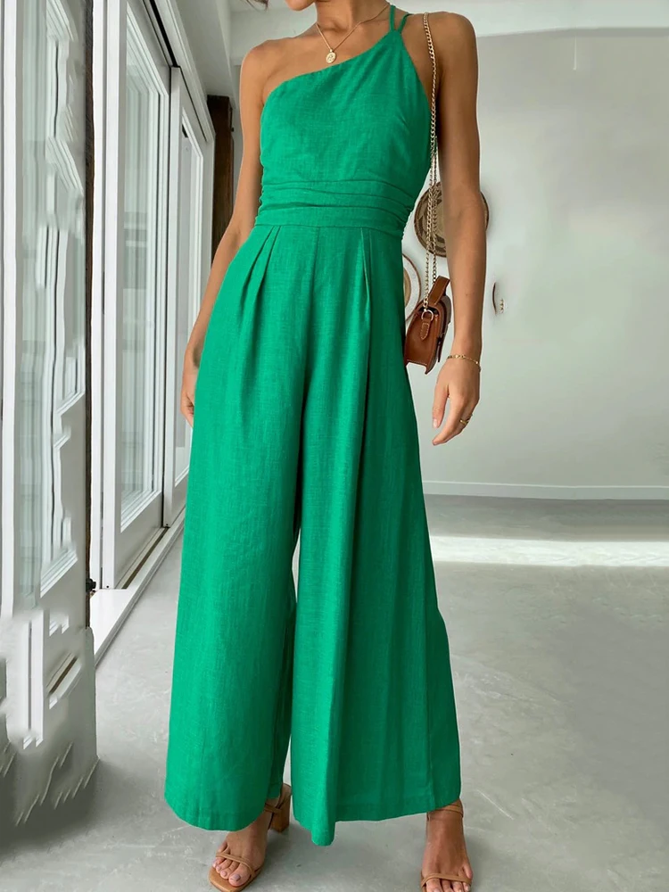 

Elegant Sexy Backless Sling Long Jumpsuit for Summer Women Rompers Fashion New Solid Sleeveless One Shoulder Wide Leg Jumpsuits