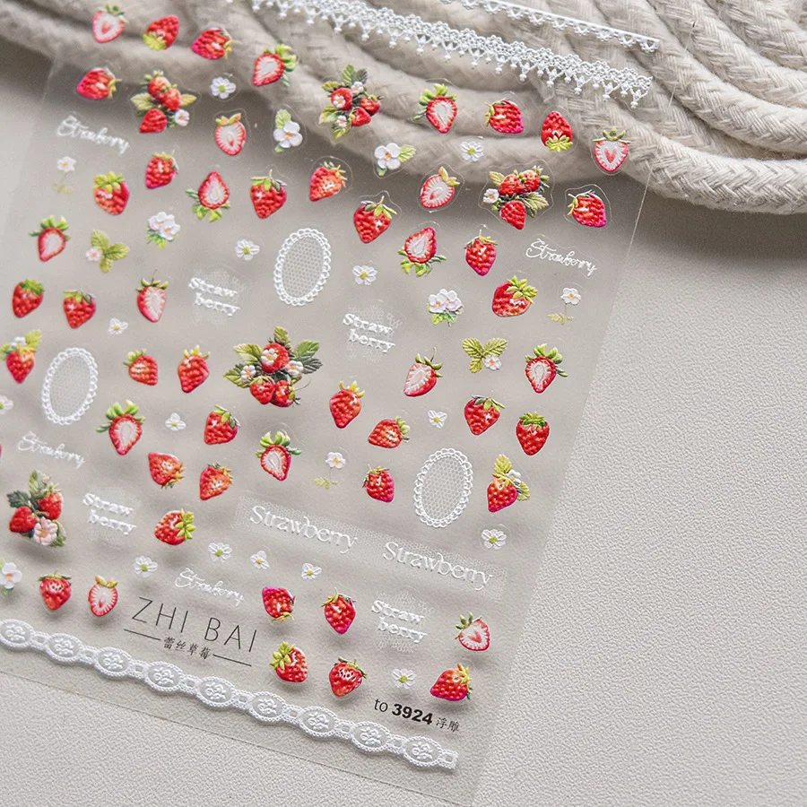 5D 소프트 릴리프 네일 스티커 귀여운 일본 레이스 딸기 네일 스티커 달콤한 셀프 접착 매니큐어 장식 DIY 데칼