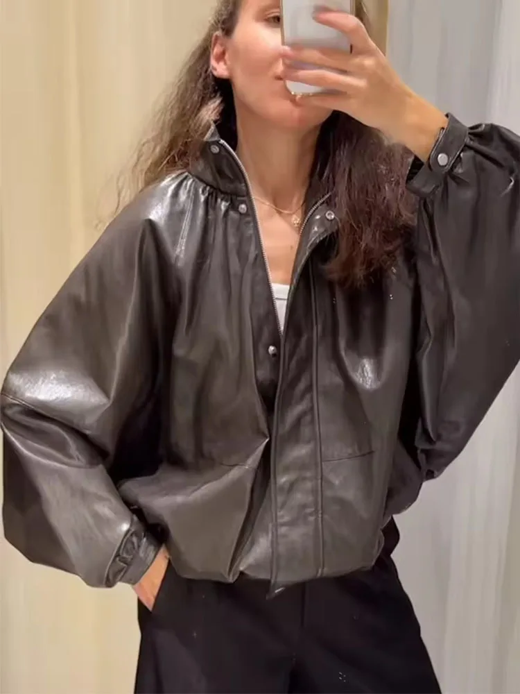 Women's Jacket Autumn 2025 New Fashion Leather Bomber Jackets For Women Long Sleeve Coat High Street Casual New Outerwear