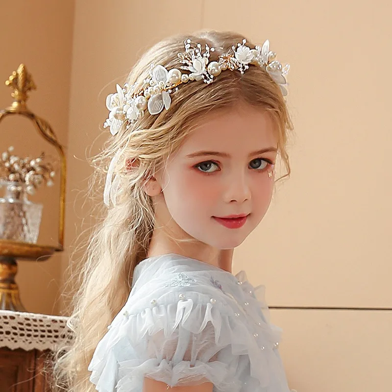 Elegant Girls Headband Imitated Pearl Hair Headdress Baby GirlsFlower Wreath Bride Garland Head Hoop Wedding Headbands Hair 2
