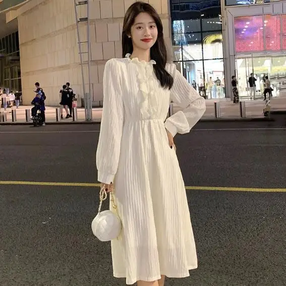 

Spring and Autumn New Women's Round Neck Dress Loose Commuter Casual Splice Lace High Waist A-line Dress