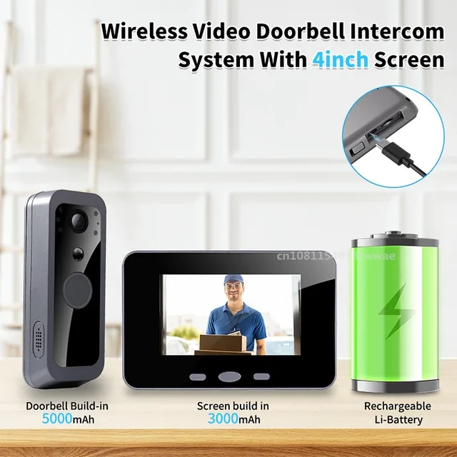 Tuya Wireless Video Doorbell 5'' Sreen Smart Life Intercom Build in Battery- PIR motion 2.4G WiFi, Two-Way Talk, Night Vision 4