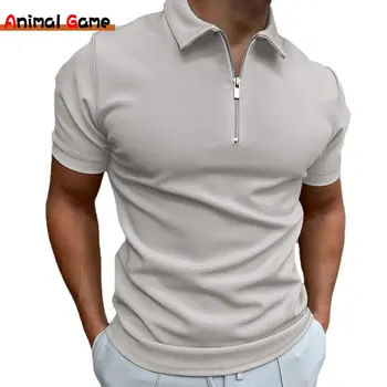 남성용 단색 폴로 셔츠, 반팔, 턴다운 칼라, 지퍼 티셔츠, 캐주얼 스트리트웨어, 남성 상의, 여름 신상