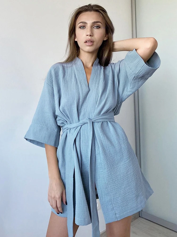 

Restve Cotton Women Robes With Sashes Solid Three Quarter Sleeve V Neck Bathrobe Female Casual Home Robe Autumn Sleepwear 2023