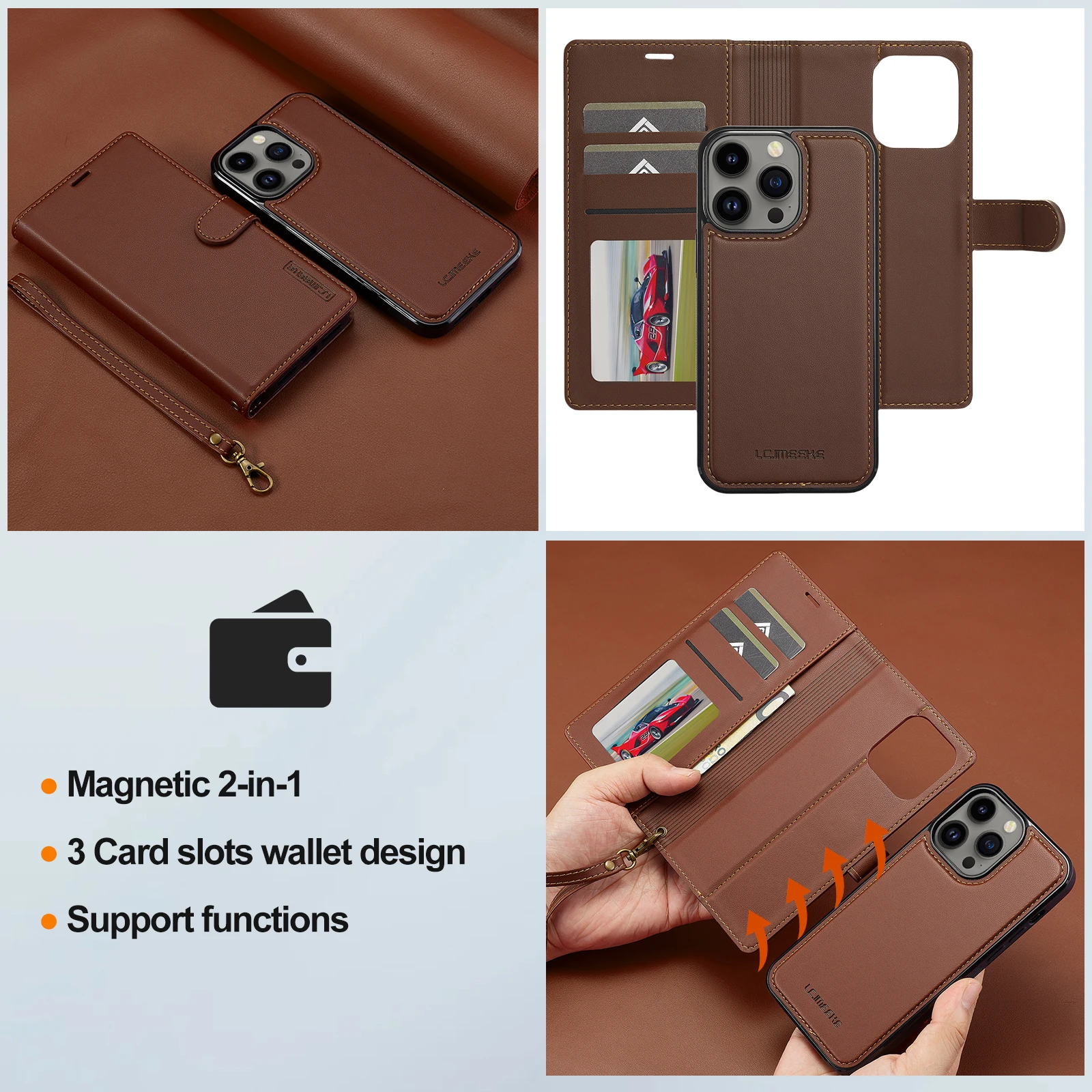 2 in 1 Abnehmbare Karten Solt Flip Leder Brieftasche Fall Für iPhone 15 Pro Max 14 Plus 16 13 12 11 SE 2022 XR XS Magnetische Tasche Abdeckung_voghion.com