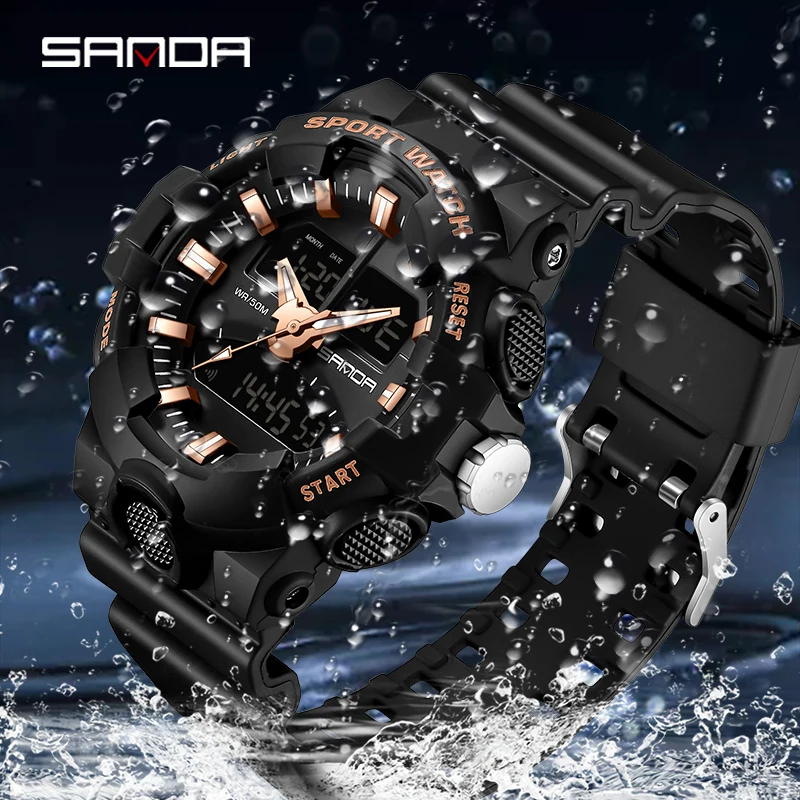 SANDA Brand Sport Watches Mens Military Waterproof Shockproof Watch Dual Display Auto Date Male Quartz Digital Wristwatches