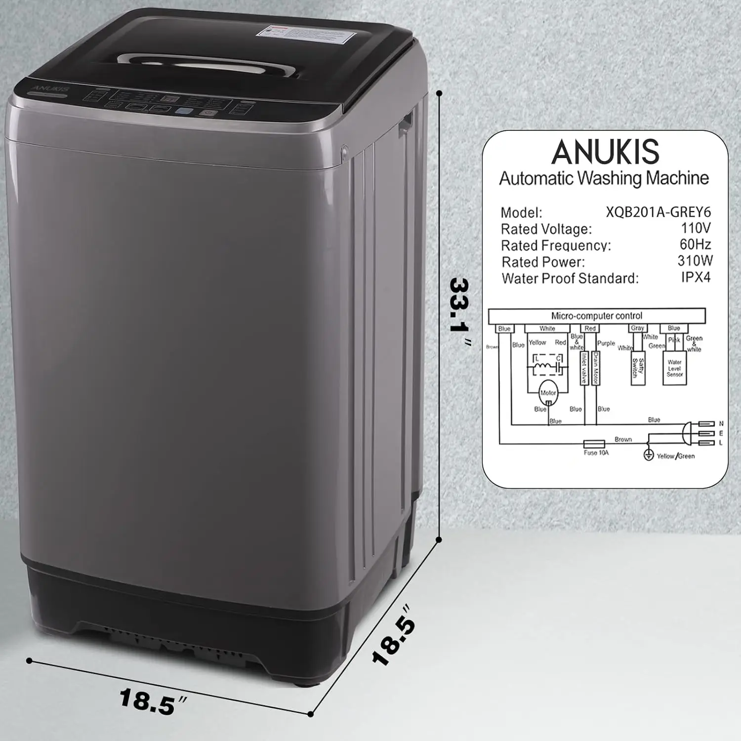 Fully Automatic Portable Washing Machine 13 lbs Capacity Compact Laundry Washer with Drain Pump 10 Wash Program