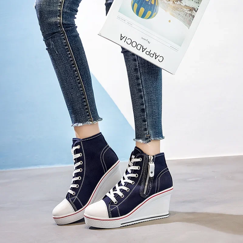 Casual Sneakers Women Hidden Wedge Invisible Heel Canvas Shoes Female Wedge Side Zipper Increased Casual High Breathable Platform Sneakers
