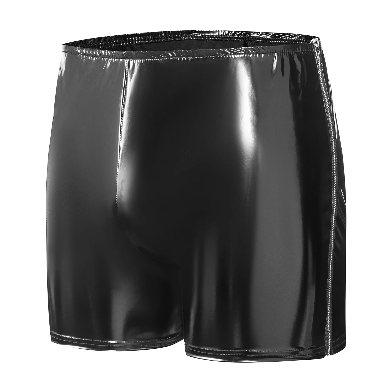 Mens Faux Leather Sexy Penis Underpants Zipper Beside Male PU Leather Sexy Bottom Boxer Shiny Latex Underwear Casual Pants Sexi