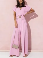 Women's S-2XL size Spring Summer Women's Fashion V-neck Short Sleeve Jumpsuit Ladies  Casual Belt Solid Color Jumpsuit - Image 4