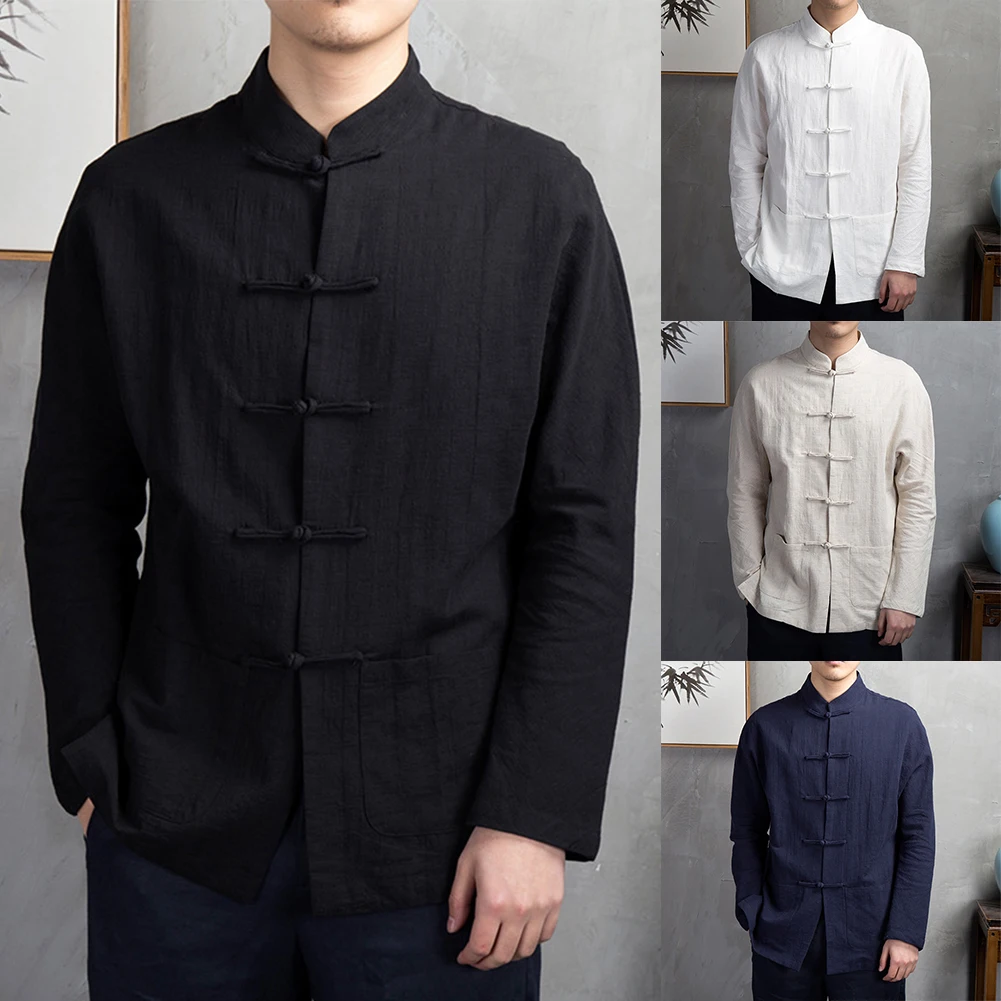 Men Chinese Traditional Kung Fu Tai Chi Coat Tang Suit Uniform Jacket Clothing Long Sleeve Blouse Retro Shirt Button Up Hanfu for chinese dress