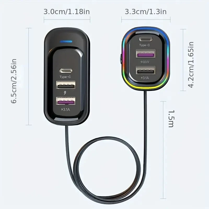 81W 고속 차량용 충전기 6포트 확장 동시 전면 및 후면 충전 유형-C 2-USB 1.5m 연장 케이블 미끄럼 방지 클램프