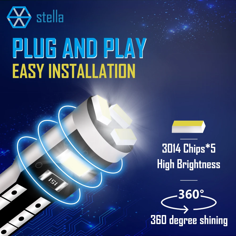 스텔라 10pcs LED T5 전구 W3W W1.2W 74 286 Canbus 자동차 신호등 대시 보드 경고 표시기 5*3014SMD 6000k 백색광 12V