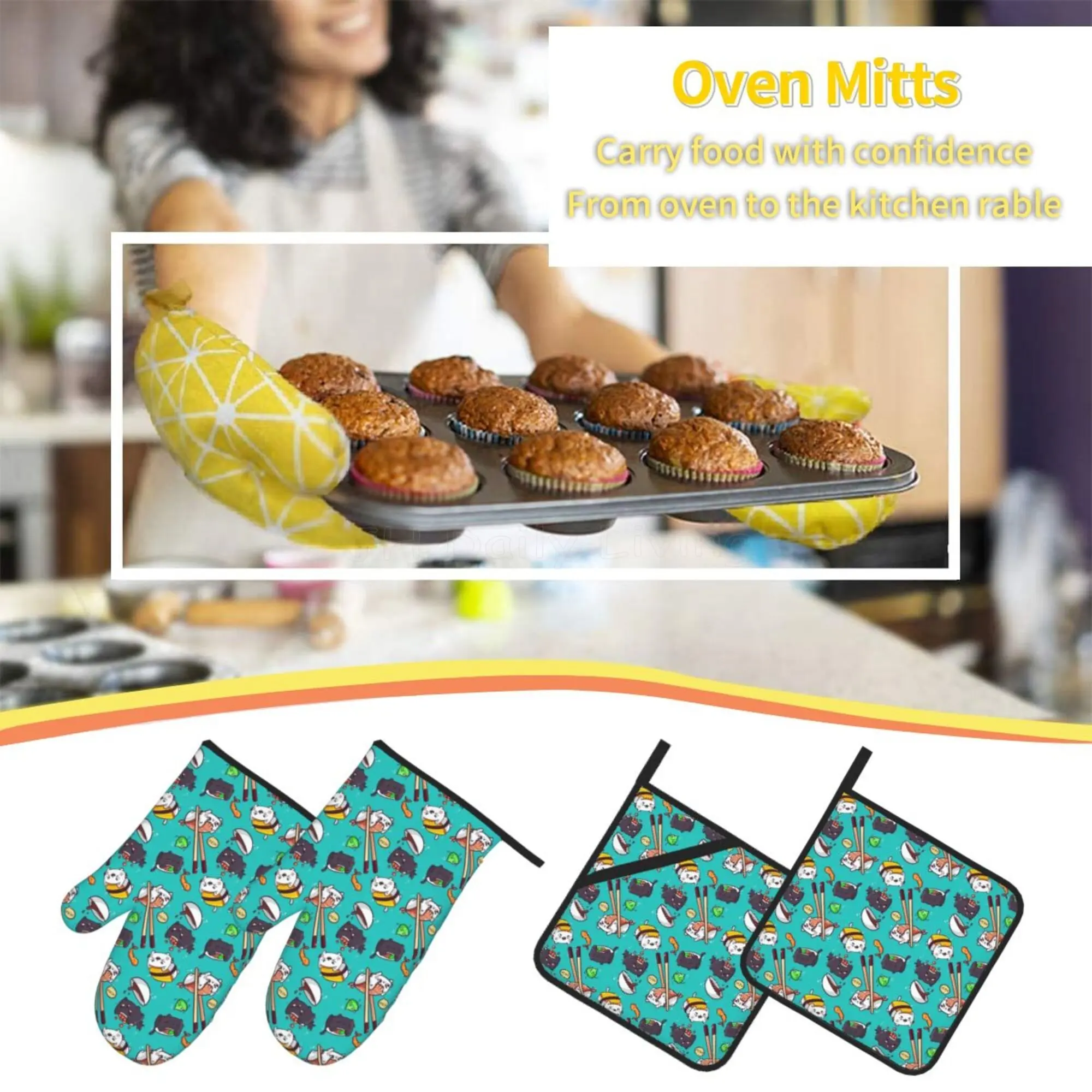 Japanese Anime Food Sushi Cat Oven Mitts and Pot Holders Sets Heat Resistant Non Slip Kitchen Oven Gloves for Cooking BBQ Baking