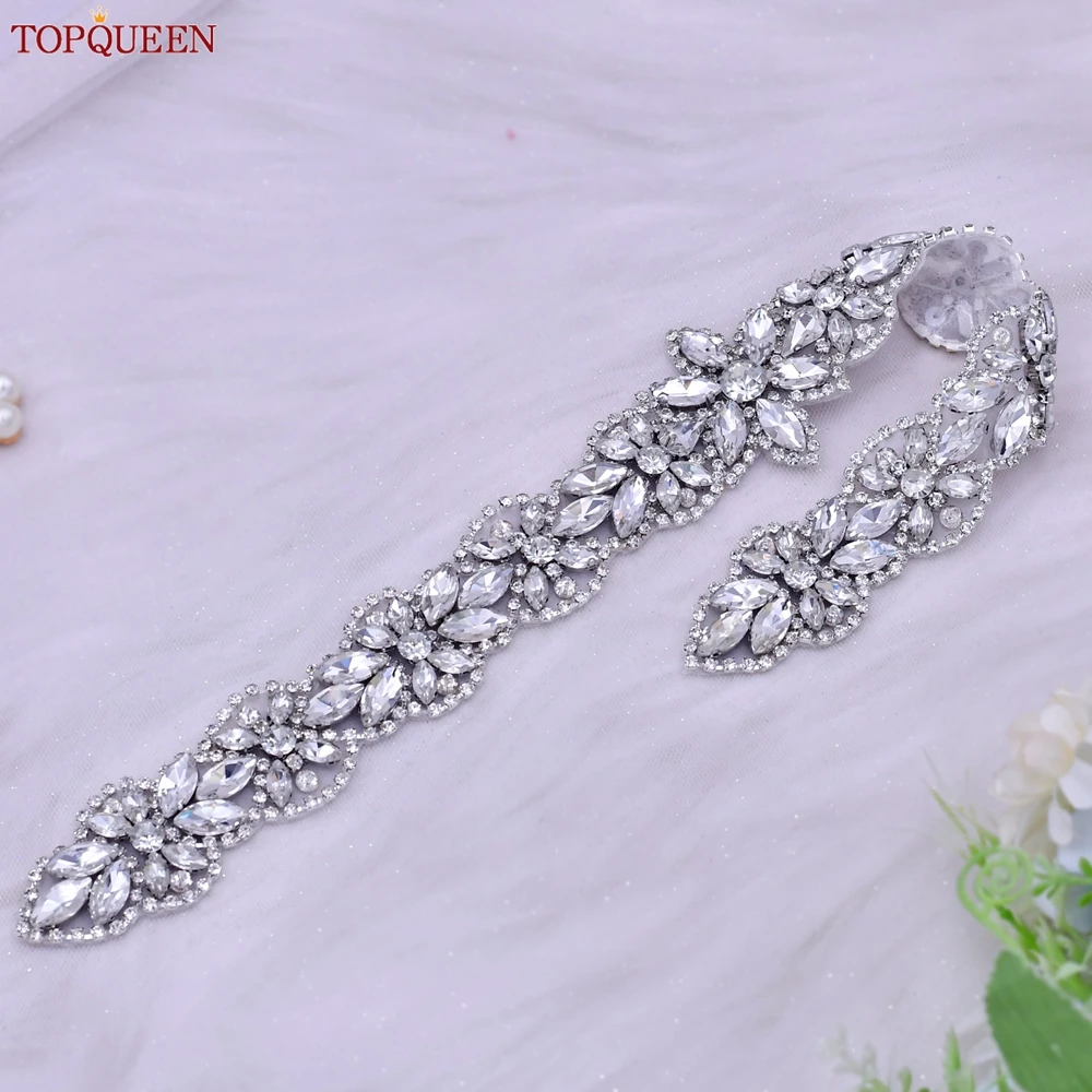 

TOPQUEEN S21 Silver Rhinestone Bride Wedding Dress Ribbon Belts Bridal Women's Sash Sparkly Crystal Decorative Adult Party Dress