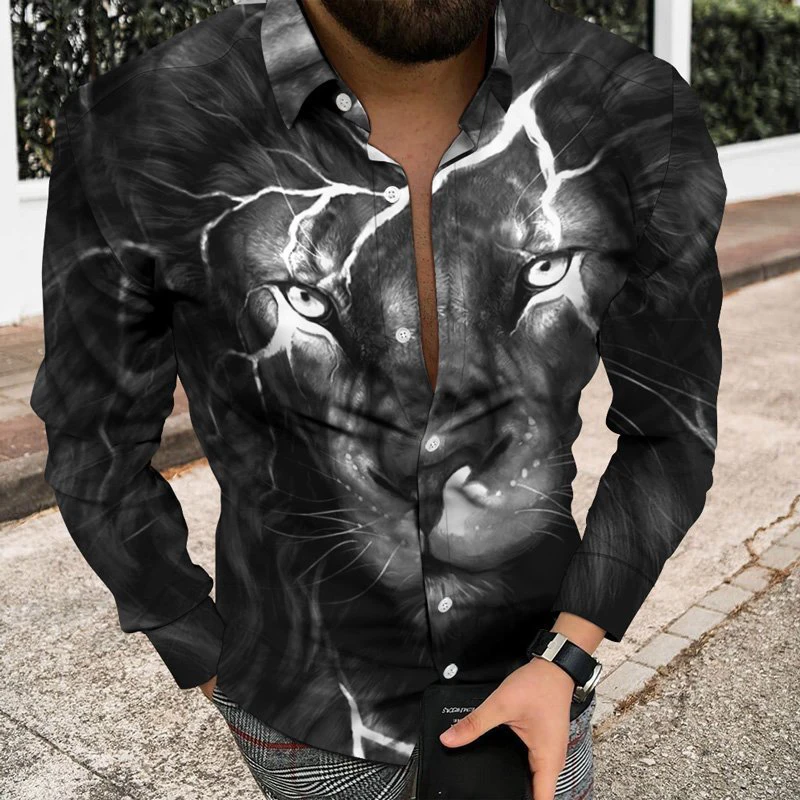 

Fashion Men Shirt Turn-down Collar Button Casual Shirts Lightning Lion Print Long Sleeve Tops Mens Clothing Streetwear Cardigan