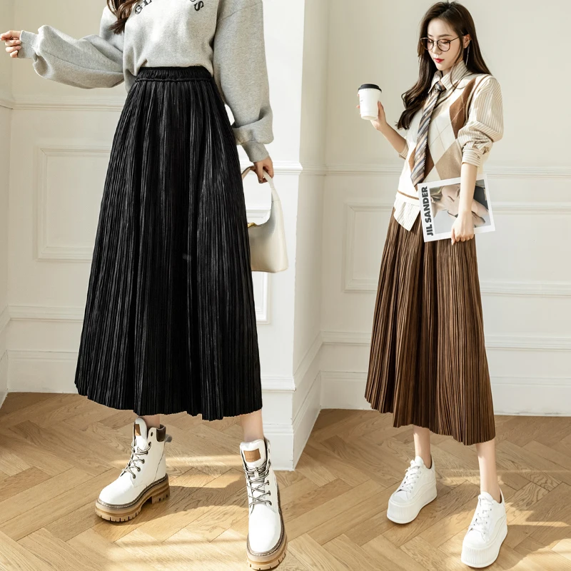 

2022 New Arrival Autumn Winter Atys Style Women Loose Casual A-line Mid-calf Skirt All-matched High Waist Pleated Skirts V808