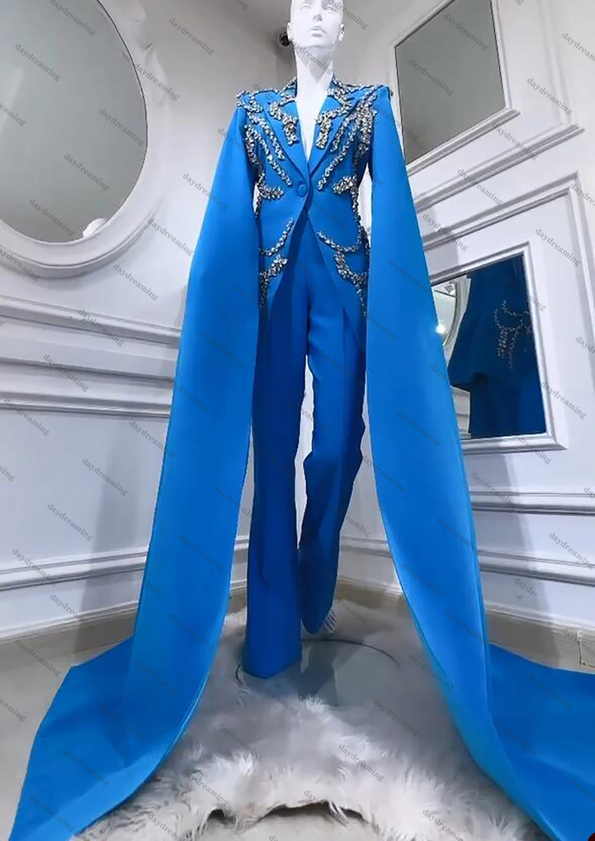 Beads Women Suits Dresses Vintage One Button Jacket Flare Pants Party Gown 2 Pcs