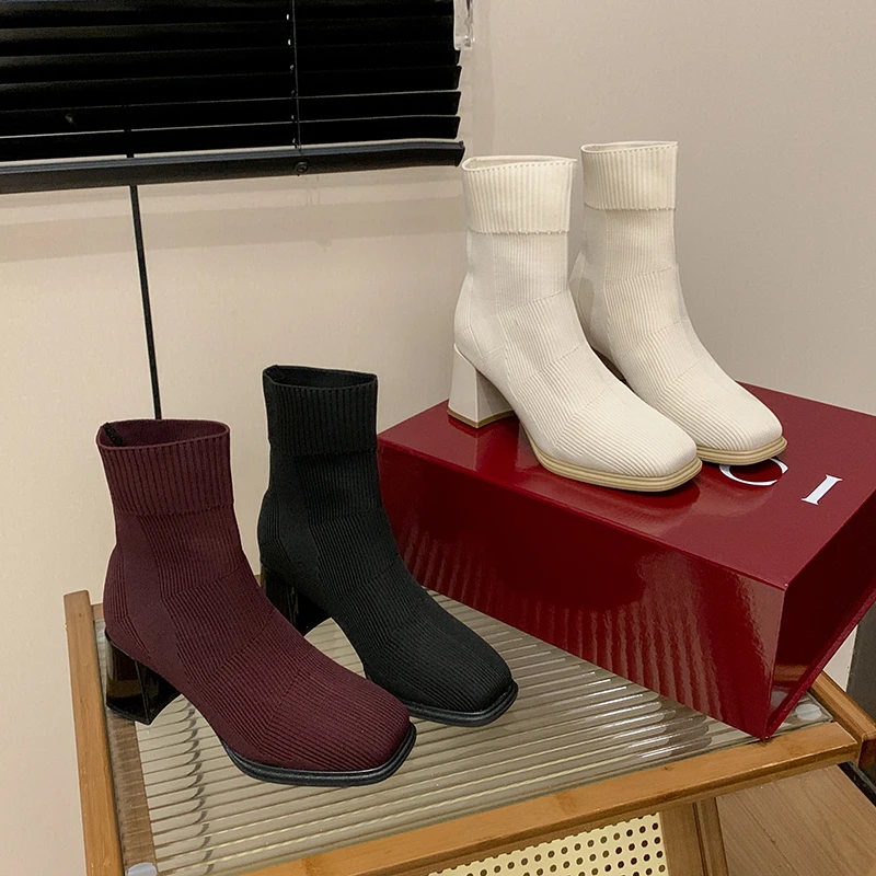 Aphixta Solid Color Sexy Women Ankle Boot 7cm High Heels Modern Sock Boots Shoes Woman Boats botines para mujeres Big Size 42