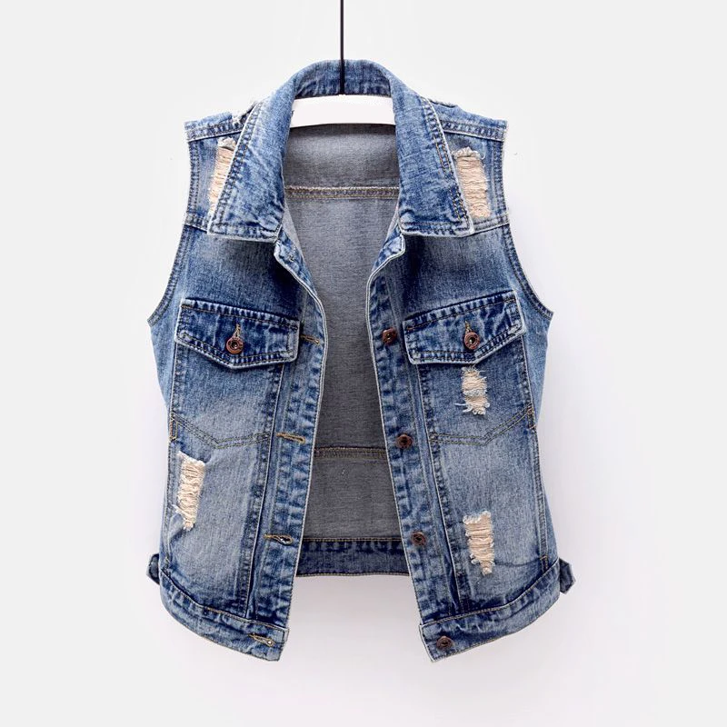 

Denim Coat For Women V-Neck Turn-Down Pocket Short Sleeveless Solid Blue Hole Female Outwear Coat Tops