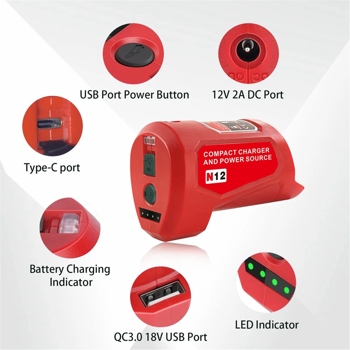 N12 Battery Power Source Adapter for Milwaukee 12V M12 Battery Power Wheel Charger Adapter with 12V DC Port USB2.0 Port 4