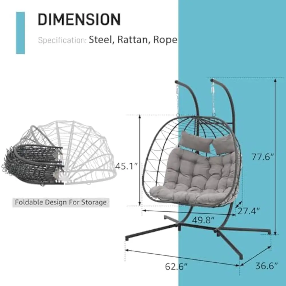 Rattan swing chair Double Rattan Swing Egg Chair with Side Pockets Foldable Hanging Egg Chair with Stand Indoor and Outdoor Chairs