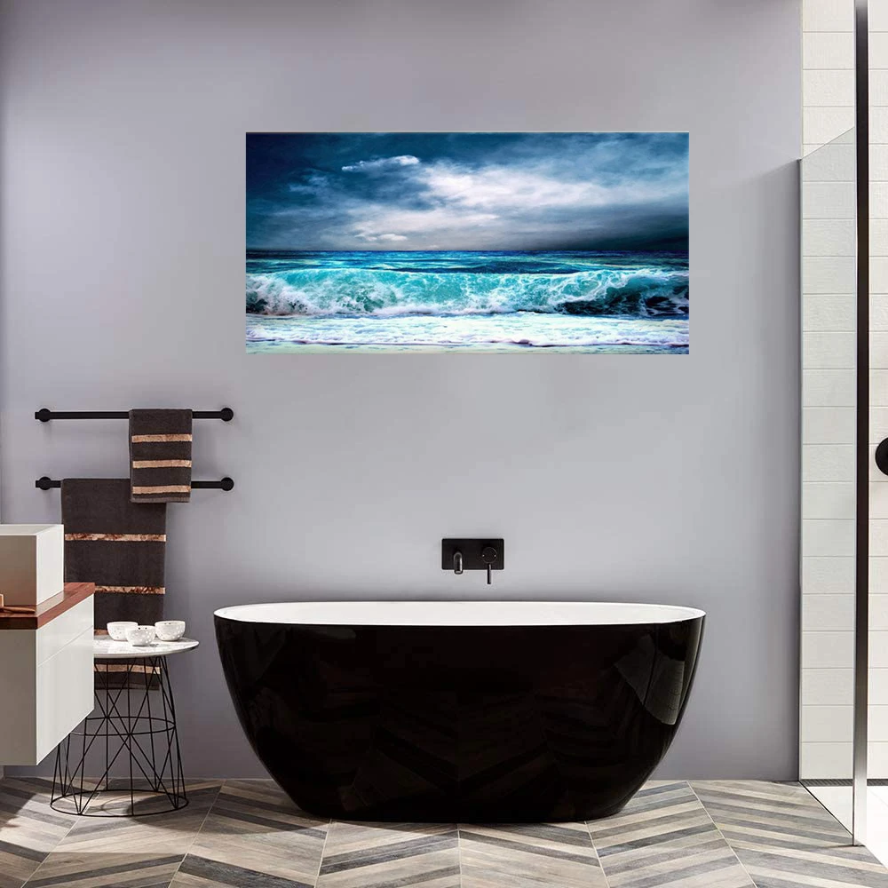 

Ocean Aqua Waves Canvas Wall Art Picture Stormy Weather Blue Sky Artwork Blue Sea Beach Painting for Office Home Dropship Gift