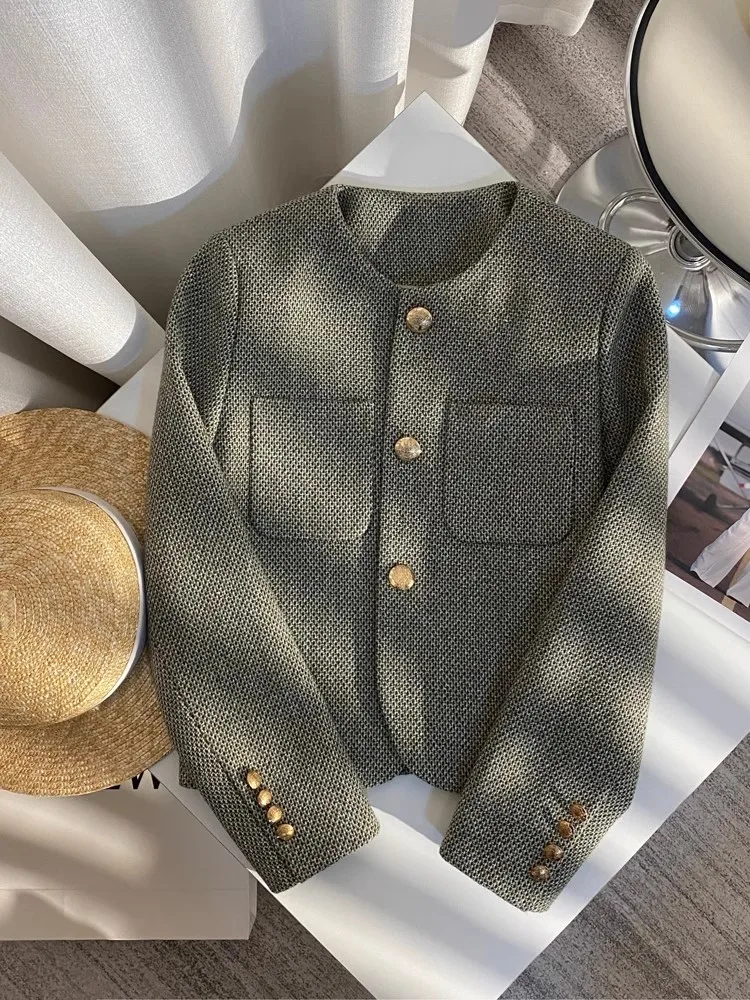 

New Chaqueta De Mujer Para Vestir Elegante O Neck Oats for Women 2023 Autumn Jackets for Women 2022 Solid Color Tweed Blazer
