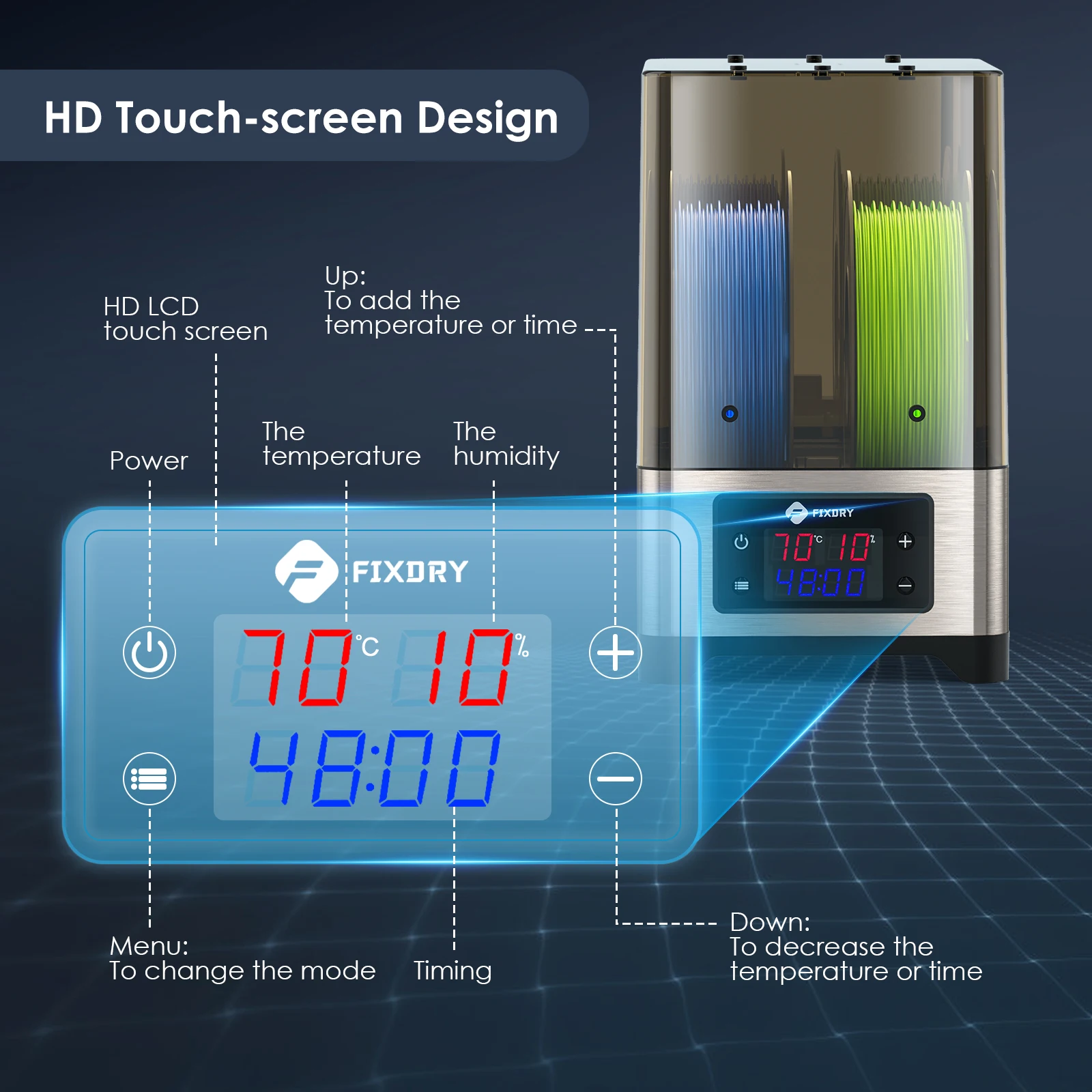 FIXDRY NT1 3D 프린터 필라멘트 건조기 상자 2롤 3Kg 필라멘트 홀더 360 °   열풍 가열 45 ℃ -70 ℃   실시간 습도 모니터링