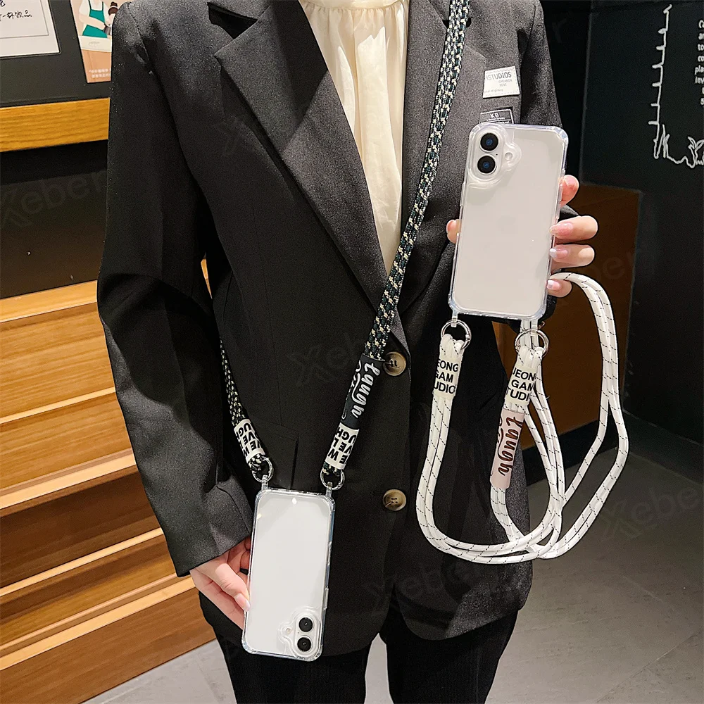 Étui de téléphone transparent avec lanière et collier en bandoulière pour iPhone 15 16 14 Pro Max 14 13 12 11, housse de protection antichoc à coussin d'air_voghion.com