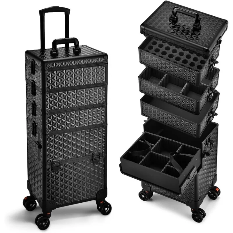 

5 in 1 Professional Makeup Train Case on Wheels, Aluminum Rolling Makeup Case Trolley with 360° Swivel Wheels