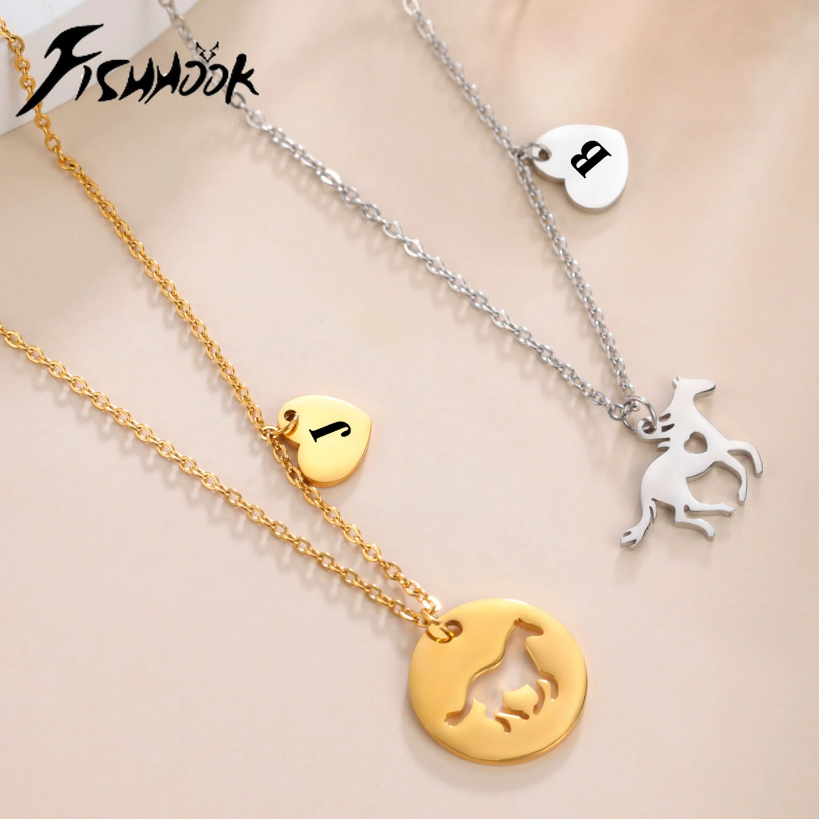 

Fishhook Horse Initial Necklace Animal Heart Chain Alphabet Kid Child Gift For Women Man Couple Stainless Steel Pendant Jewelry