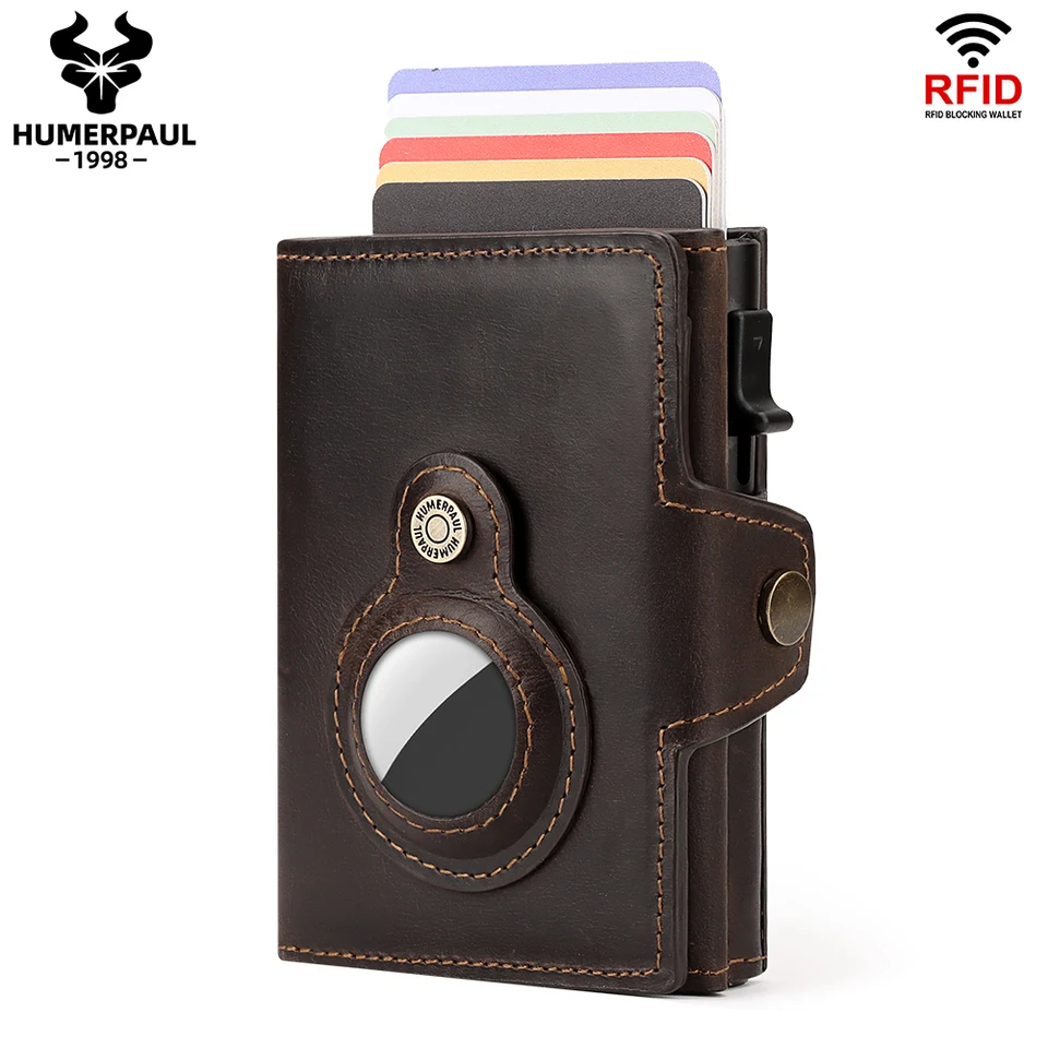 Portafoglio Con Tasca Per AirTag E Slot Carte Pop-up - Protezione RFID, Anti-smarrimento, Marrone, Regalo Intelligente
