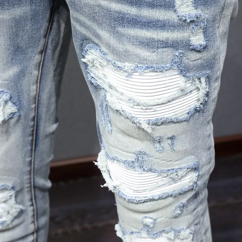 Latest Designer Street Fashion Men's Slim Fit Jeans Retro Light Blue Elastic Split Jeans White Patch Panel Hip Hop Pants