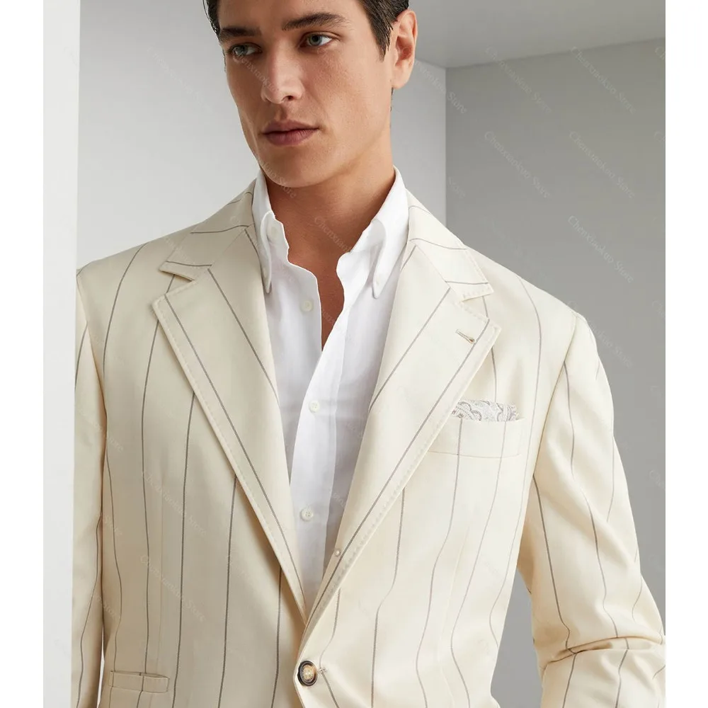 Fashion Wide Striped Men Suits Two Piece Notched Lapel Single Breasted Outfits Formal Business Casual Suit (Blazer + Pants)