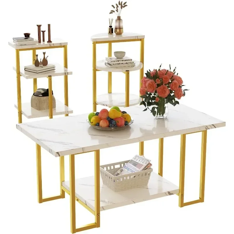Coffee Table Set of 3, Modern 3-Piece Table Set Faux Marble Coffee & 2 End Tables Open Shelves with Metal Legs