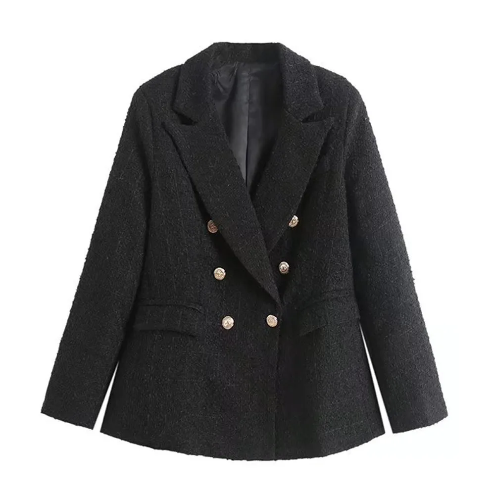 

Women's Fall Winter Elegant Tweed Fashion Turn Down Collar Double Breasted Tweed Check Casual Office Lady Business Coat