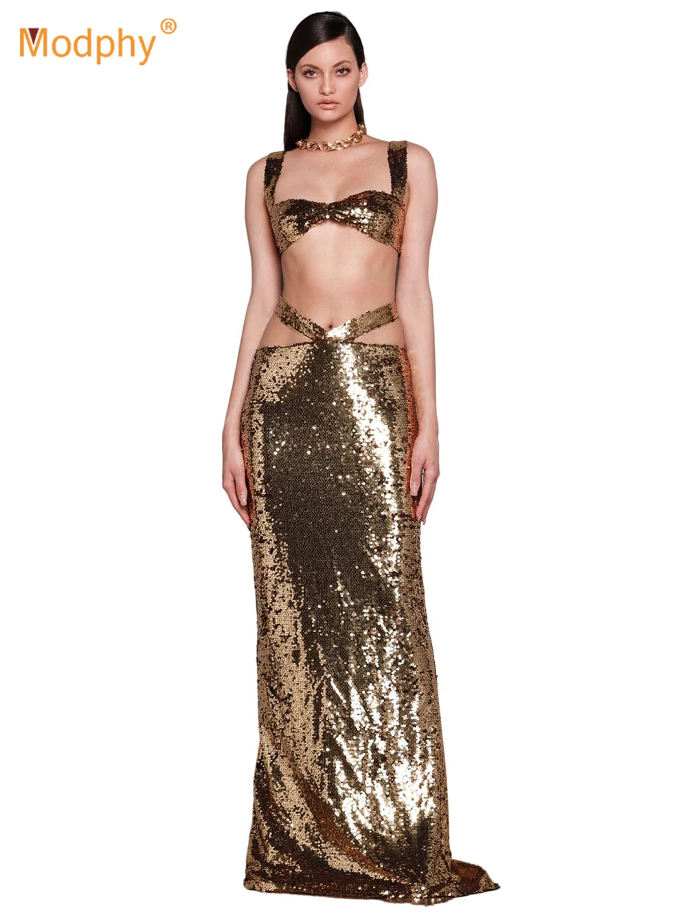 

Modphy Sequins Hollow Out Celebrity Party Two Piece Set Women Long Sleeve Cropped Top Bodycon Floor Length Skirt 2023 Summer New