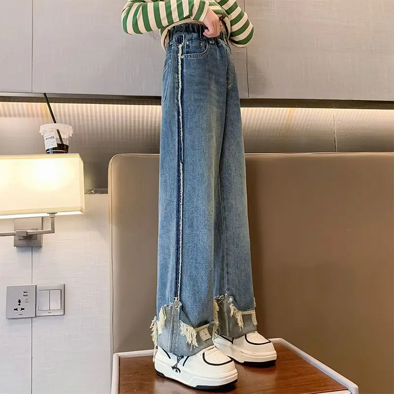 

4-16 Years Old Girls' Spring Autumn Trouser Straight Fashion Jeans Wide Leg Elastic Waist Loose Causal Korean Children's Clothes