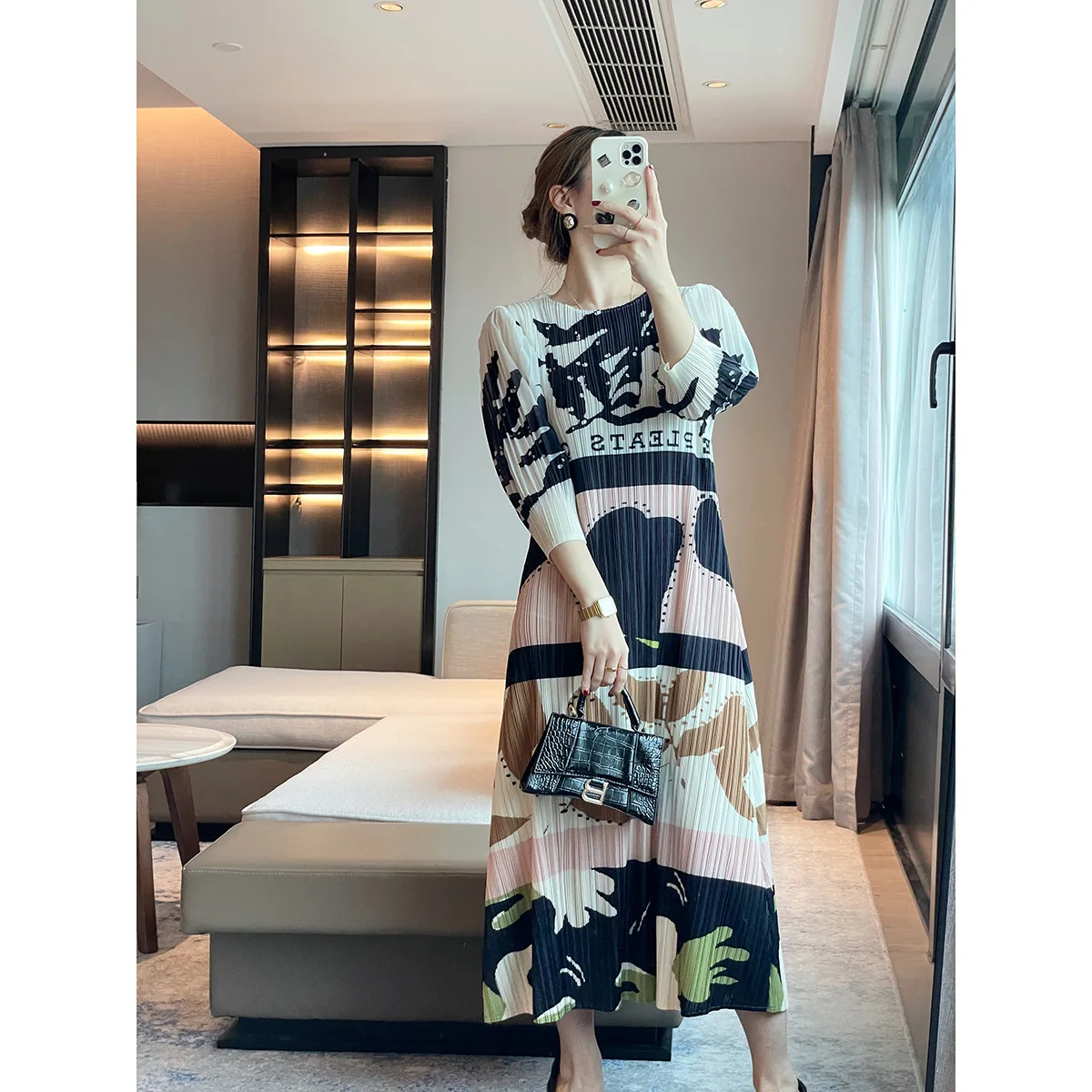 

Pleated autumn new print dress for women slim dress