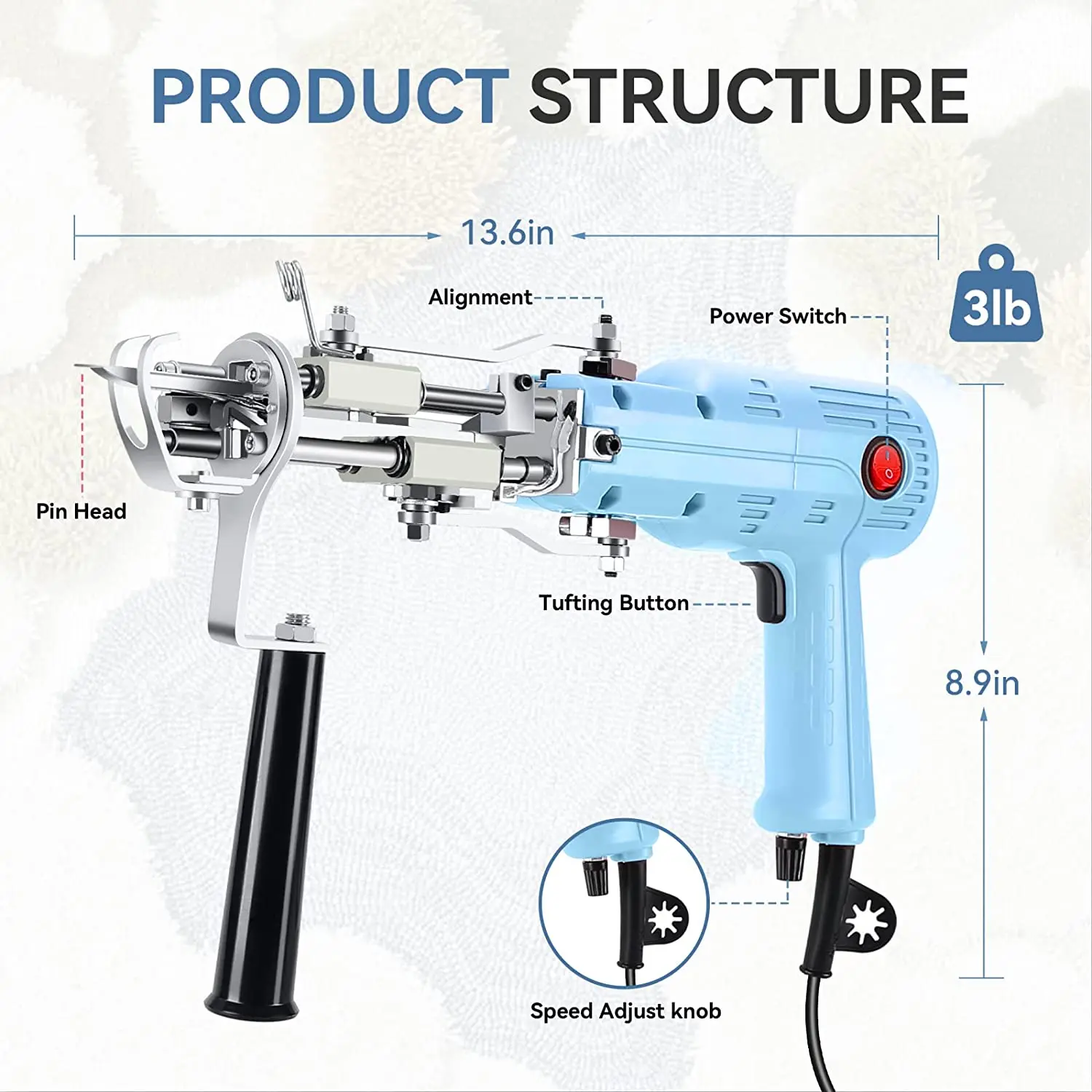 Kacsoo Cut Pile Tufting Gun Electric Rug Tufting Gun Handheld Knitting Rug  Gun(Blue Cut Pile) Gift for DIY with 5-40 Stitches/Sec 100V-240V