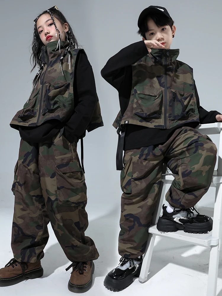 

New Jazz Dancing Outfits For Girls Camouflage Vest Loose Pants Suit Boys Ballroom Hip Hop Dance Costumes Rave Clothes DN16331