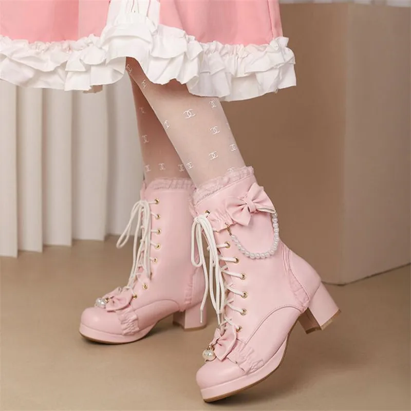 Girls Boots Ruffles Vintage Lolita Women Wedding Boots Black White Pink Lace Up Chunky High Heels Platform Pumps Shoes 28-43