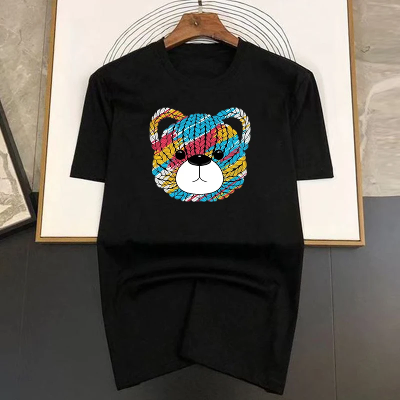 

Summer T-shirts Bear Head With Colored Lines Printing Short Sleeve Casual Men Women Cotton Top Tee Men's/Women's