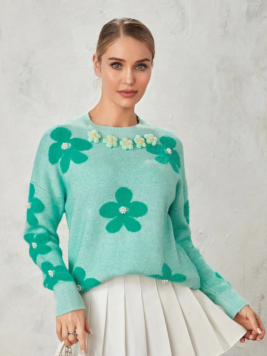 

wsevypo Cute Floral Pattern Knit Sweaters Women Girls Long Sleeve Crew Neck Pullover Top Fall Winter Basic Knitwear Warm Jumpers