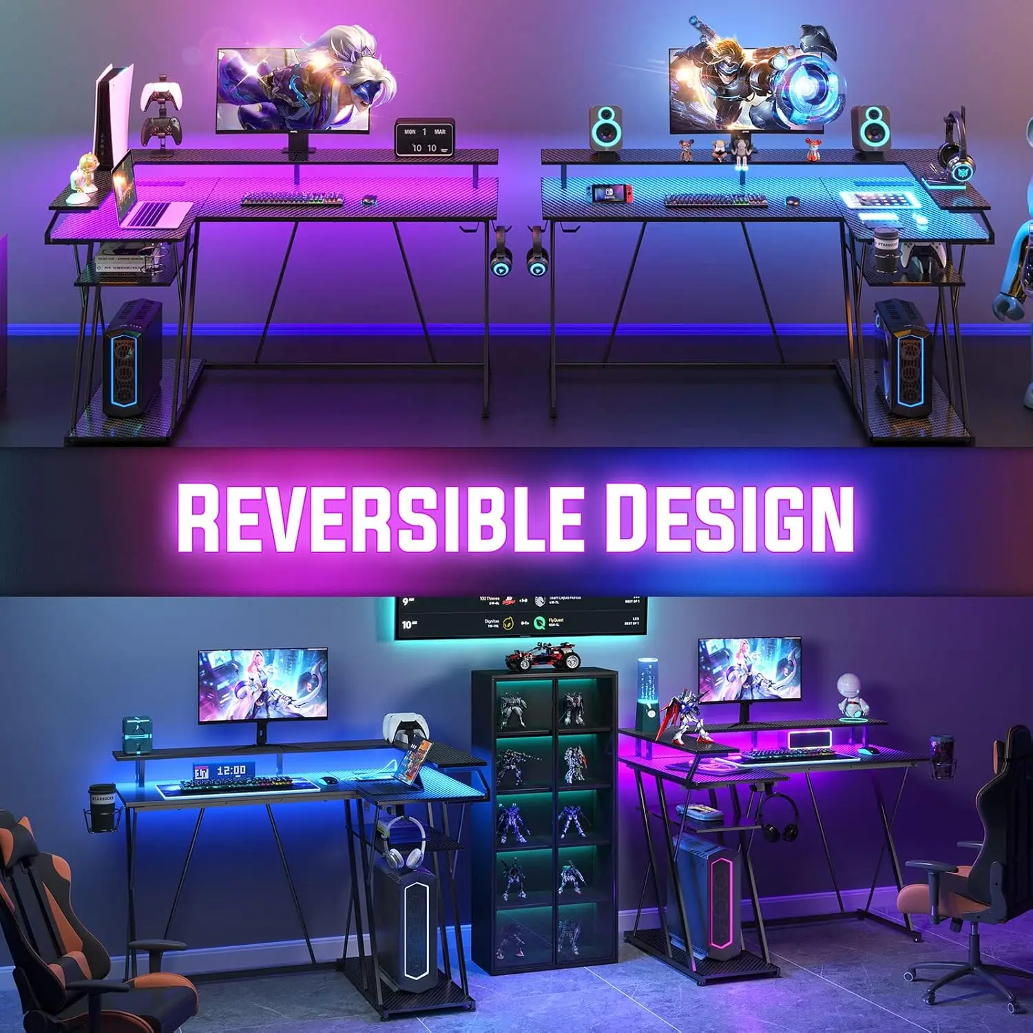 L Shaped Gaming Desk with LED Lights & Power Outlets, Computer Desk with Monitor Stand, Gaming Table , with Hooks, Black 4