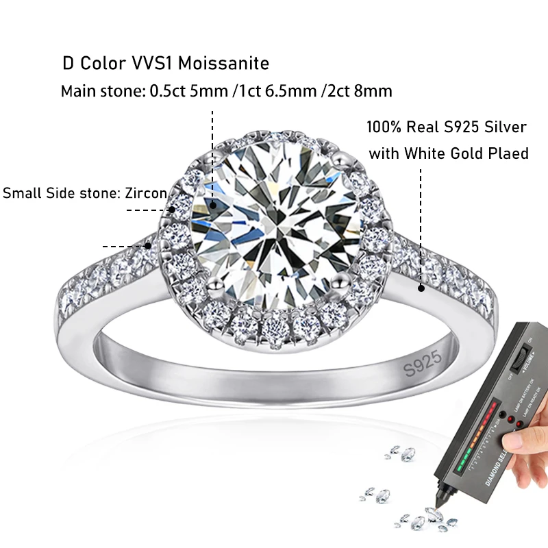 Tezzc 2ct Moissanite Halo Engagement Ring Women S925 Sterling Silver Wedding Rings certificate Fine Jewelry finger ring silver ring wedding rings moissanite diamond ring wedding ring