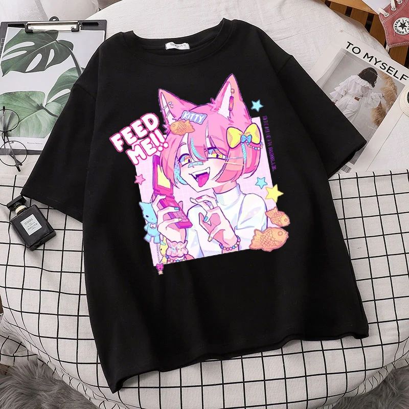 Camisetas femininas grandes kawaii, estampa de música haruku, camiseta curta gótica, manga curta, camiseta feminina preta para mulheres 379_voghion.com