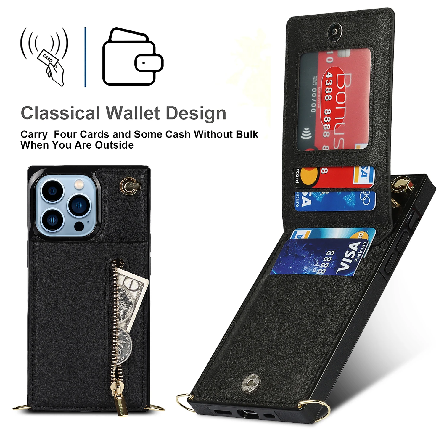 Crossbody Leather Wallet Case, Zipper Card Holder, Pocket Kickstand, Flip Cover for iPhone 15 Pro Max, 14, 13, 12, 11, XR, Xs, 8